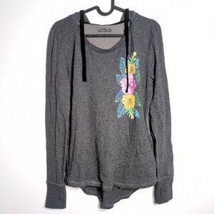 Crazy Shirts Hoodie Womens Medium Gray Drifting Hibiscus Thumbholes Pockets